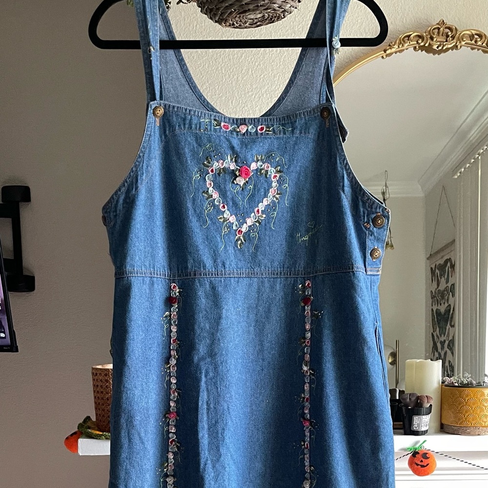 90s Stitched Cottagecore Floral Embroidered Denim Dress